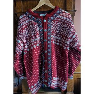 Dale of Norway Red Fair Isle Cardigan "Dale Classic" Wool Sweater Jacket Mens